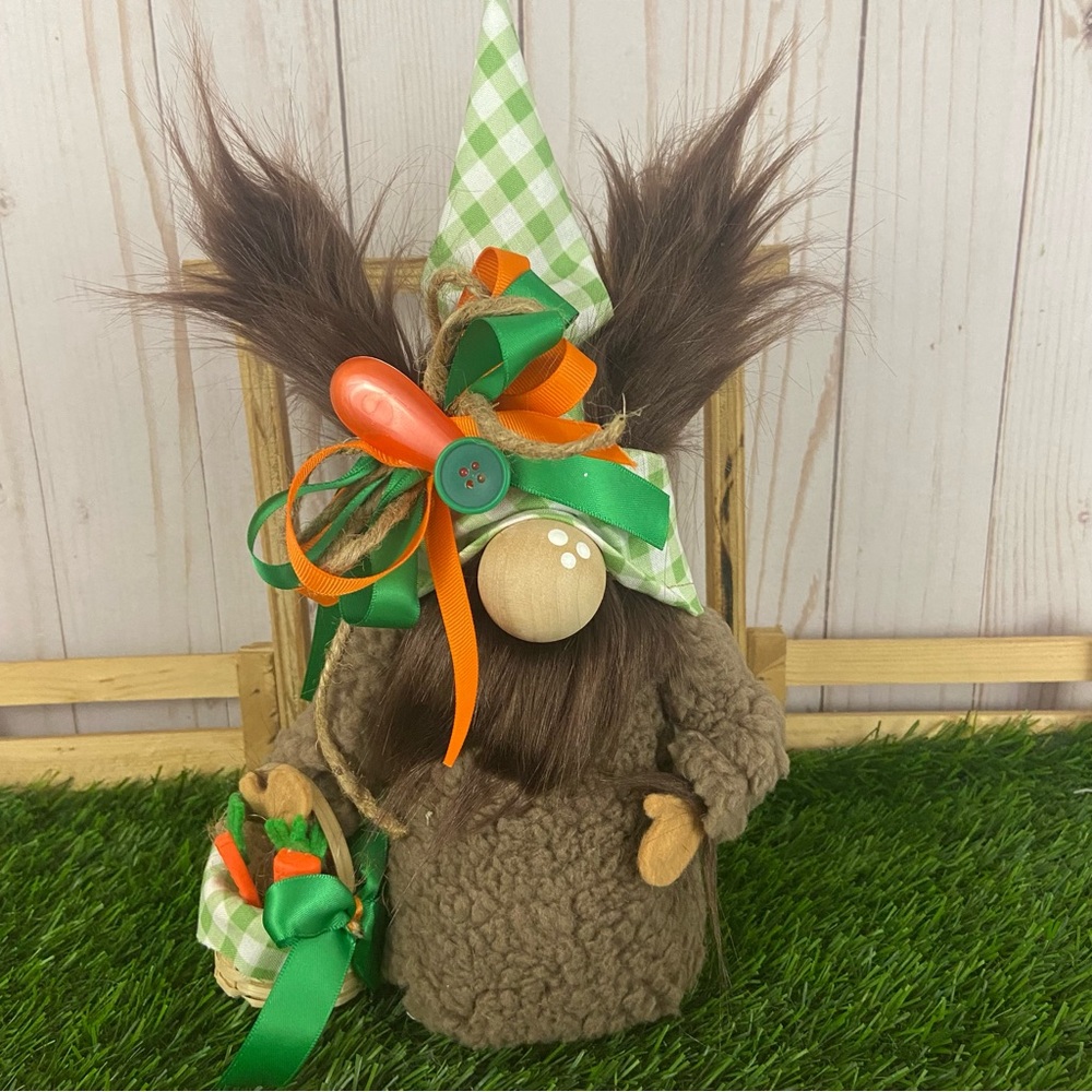 Bunny Gnome with Sherpa Fur Easter Basket Gingham Spring Decor